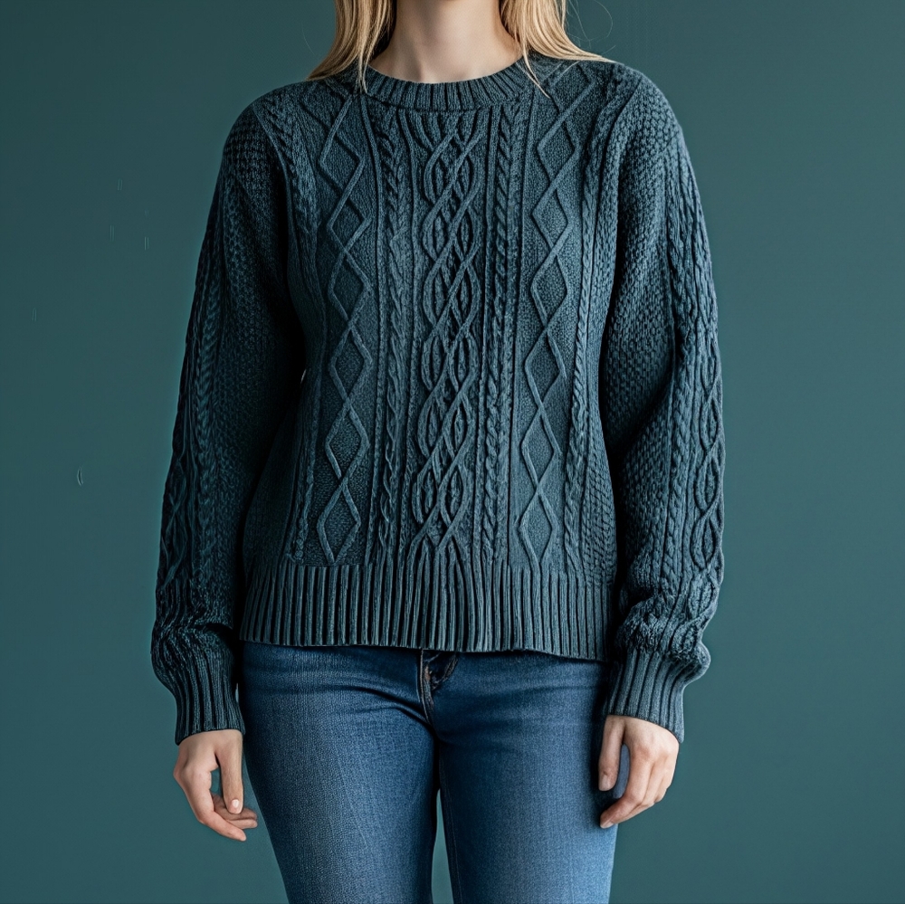 Becaal Small Cable Knit Sweater Green Long Sleeve Crewneck Lightweight Acrylic